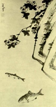 Bada Shanren Zhu Da Painting - rock and two fish old China ink